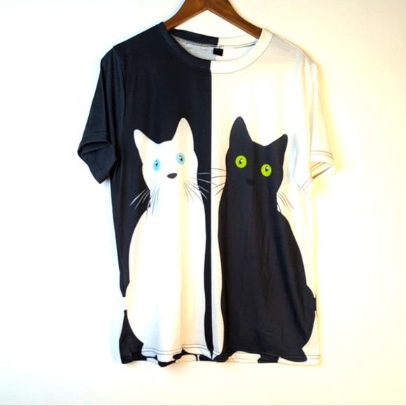 None Tops - Yin Yang Cat Tee Shirt - Large